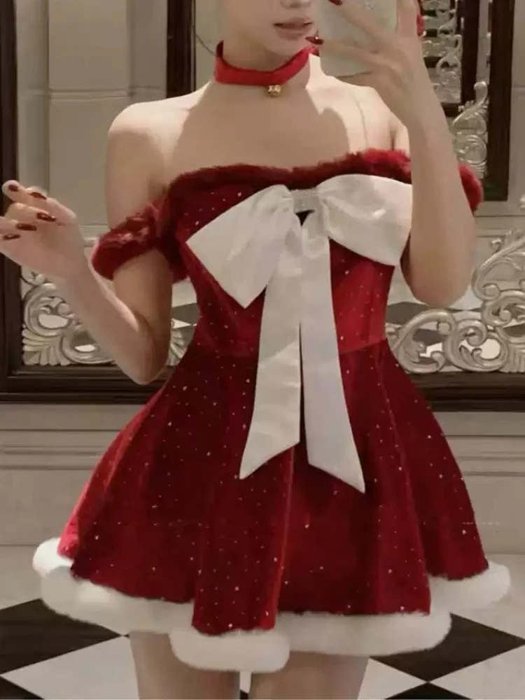 Harajuku Christmas Sexy Off Shoulder Dress Women Red Velvet Bow Trim Mini Party Dress Fashion Cute Sweet Holiday Stylish Outfit