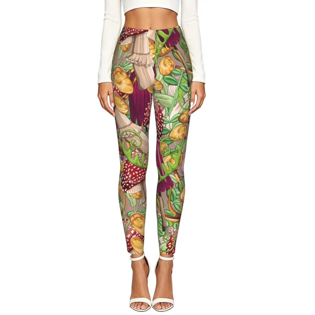 Women Full Length Elastic Leggings High Waist Tight Pants Mushrooms And Leaves Bright Casual Bottoms