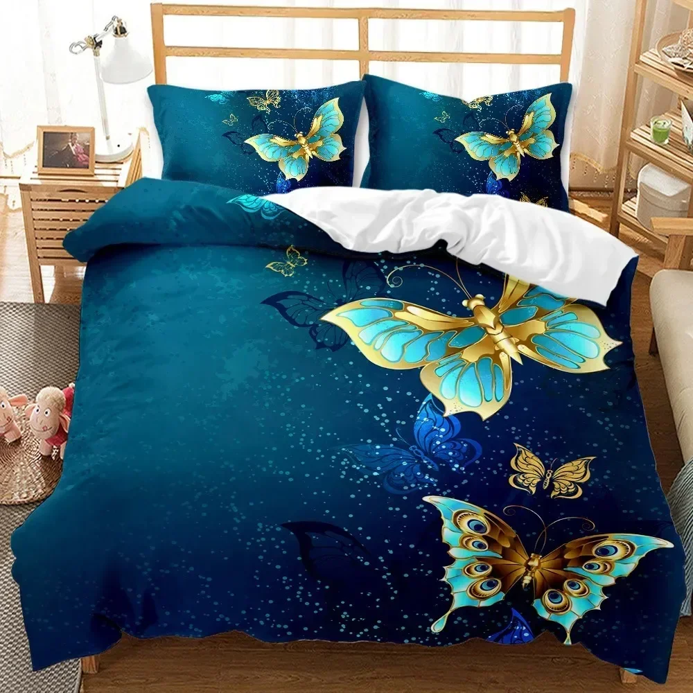 Golden Butterfly Pretty Blue Butterfly Bedding Set Boys Girls Twin Queen Size Duvet Cover Pillowcase Bed Kids Adult