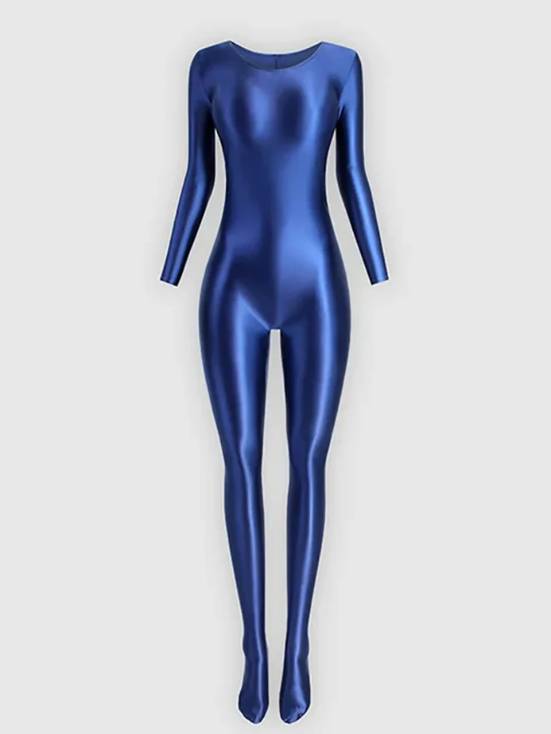 Women Long Sleeve Tight Glossy Dance Jumpsuit Bodysuit Yoga Solid Shaped Practice Rhythmic Gymnastics Leotard Swimsuit Dancewear