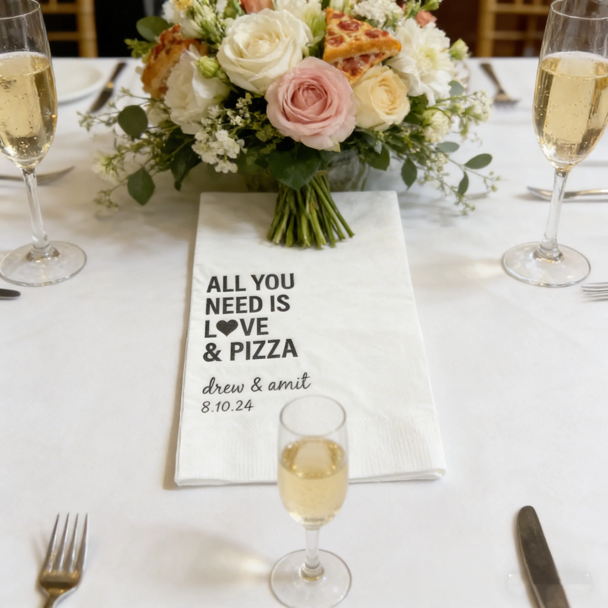 

50pcs Custom Printed Love & Pizza Wedding Napkins 3 Ply Premium Disposable Napkins Various Colors & Sizes