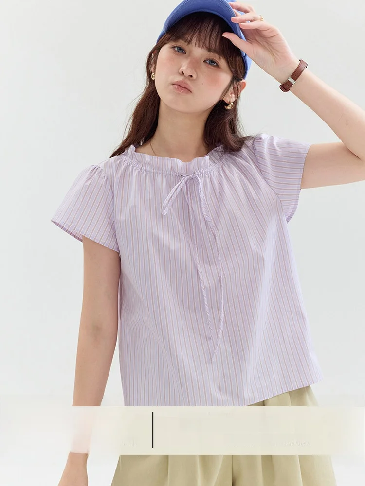 AMUU Original Purple Striped Drawstring Ruffle Collar Cotton Shirt Women's Summer New Style Pure Cotton Short Sleeve Top