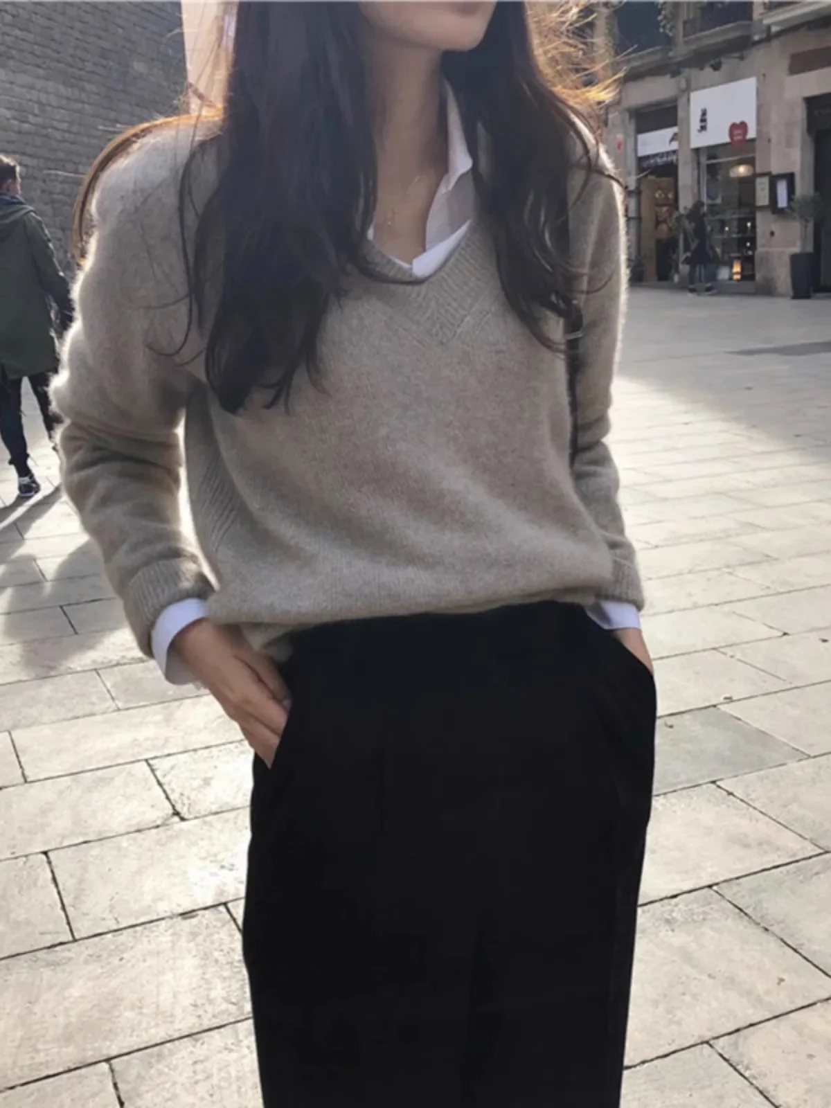 Minimalist V-Neck Knitted Women's Long Sleeve Top Loose Oversized Slouchy Soft Cozy Warm Daily Casual Autumn Winter Pullover