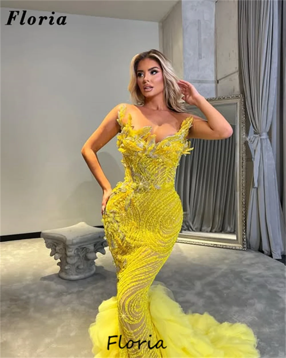 Yellow Mermaid Cocktail Dress Sweep Train Aso Ebi Beaded Crystals Prom Dress Robes De Soiree Wedding Party Dress Customized 2025