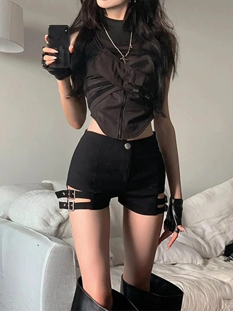 Damen High-Waist Stretch Bodycon Hot Shorts im Punk-Biker-Stil, Spicy Girl Bühnenoutfit, Pole Dance Jazz Dance Performance Short P – Detail 1