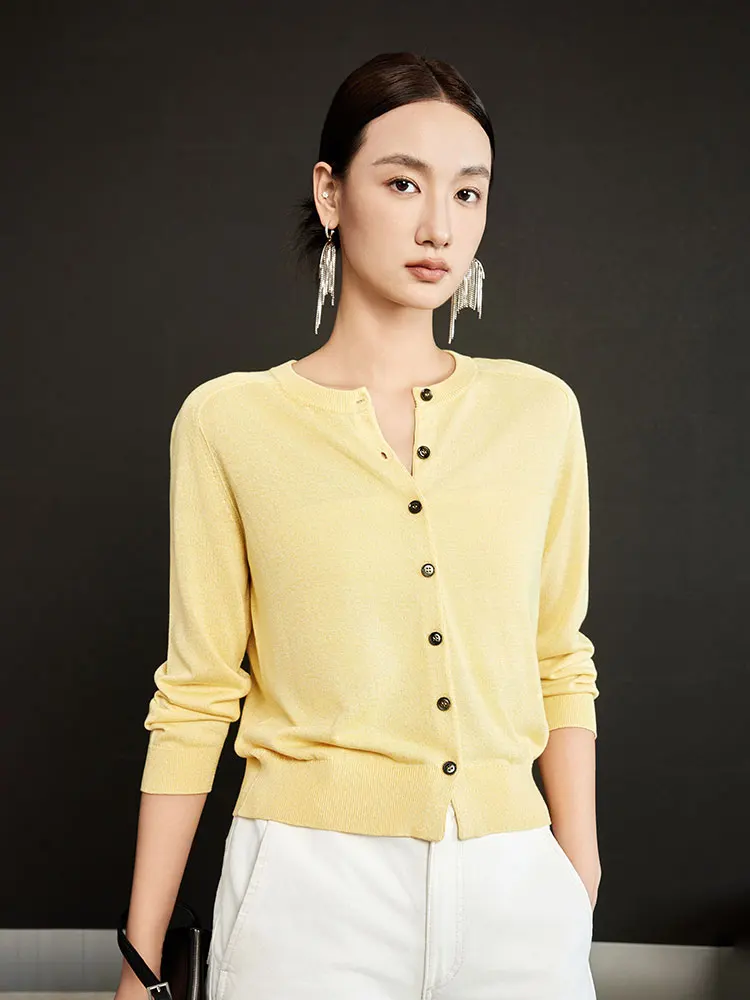 

wei Luxury 00% Silk lectual Oaeal round Ne Seven-Quarter Sve Knitted Open Cardigan Top Women's Faion