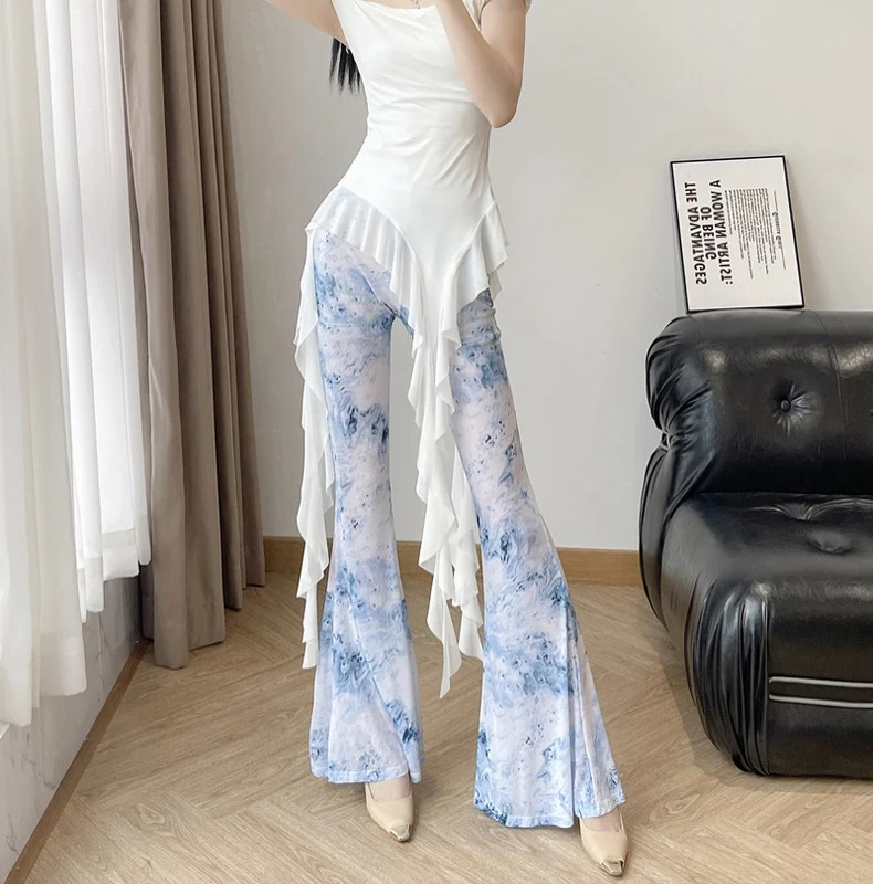 

New mesh printed polka dot flared pants with high waist, hip hugging, high elasticity, sunscreen thin design