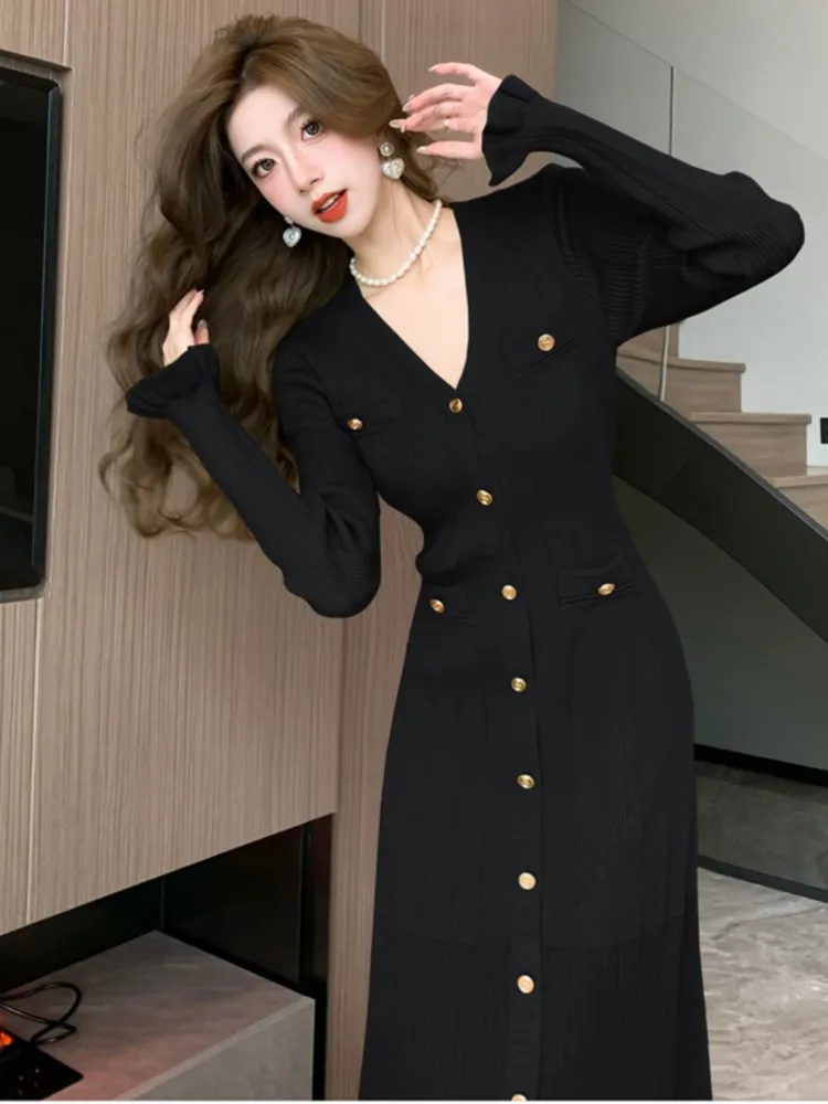 Autumn Solid Knitted Dresses for Women Single Breasted Chic Flared Sleeve Ruffles Hem Casual 2024 Female Office Elegant Robes