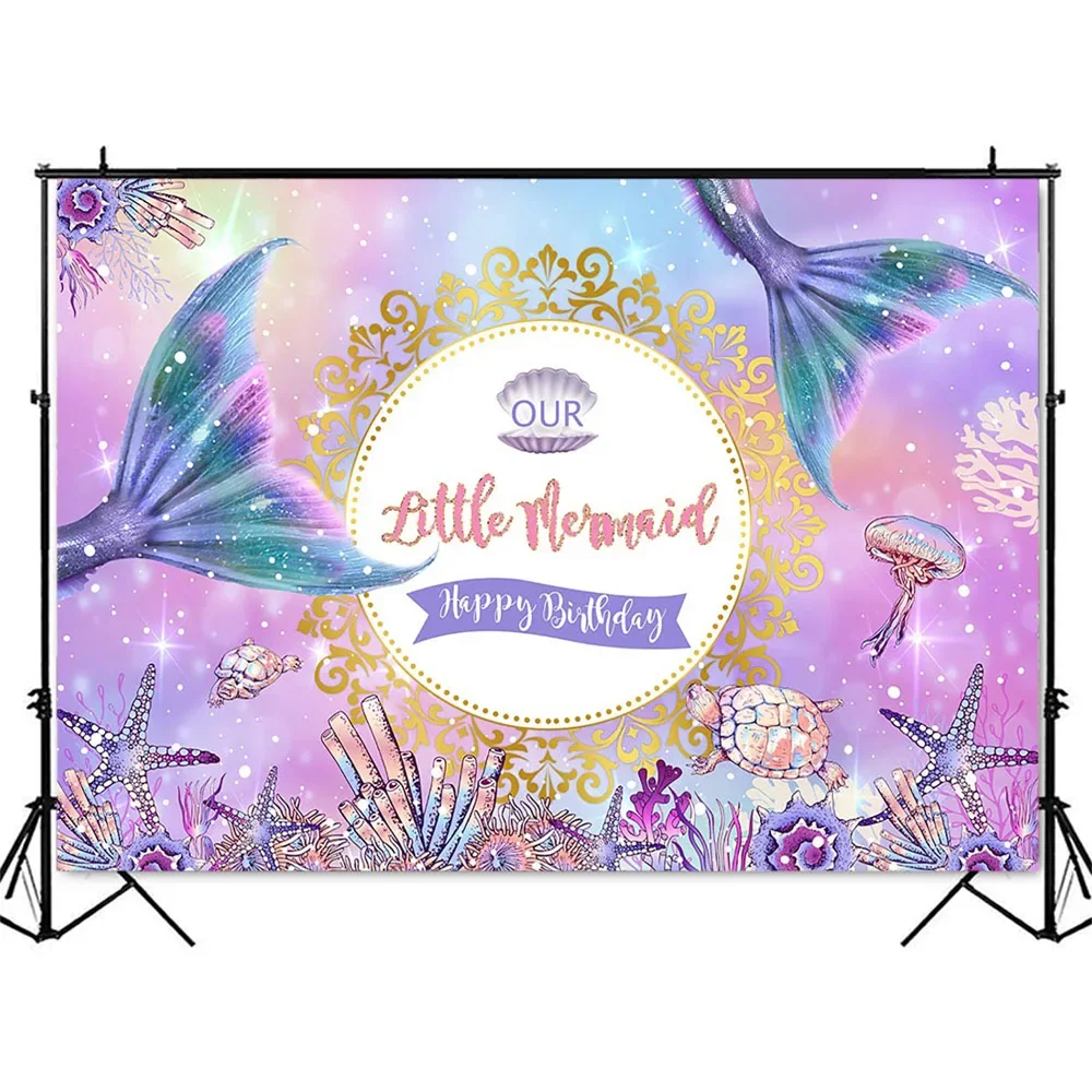 Our Little Mermaid Purple Birthday Backdrop Under the Sea Photo Booth Background Little Princess Aquatic Plants Photo Backdrops
