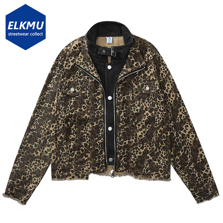 

Men Vintage Leopard Jackets Fake Two Piece Coat Streetwear Harajuku Hip Hop Oversized Jacket Outwear for Male