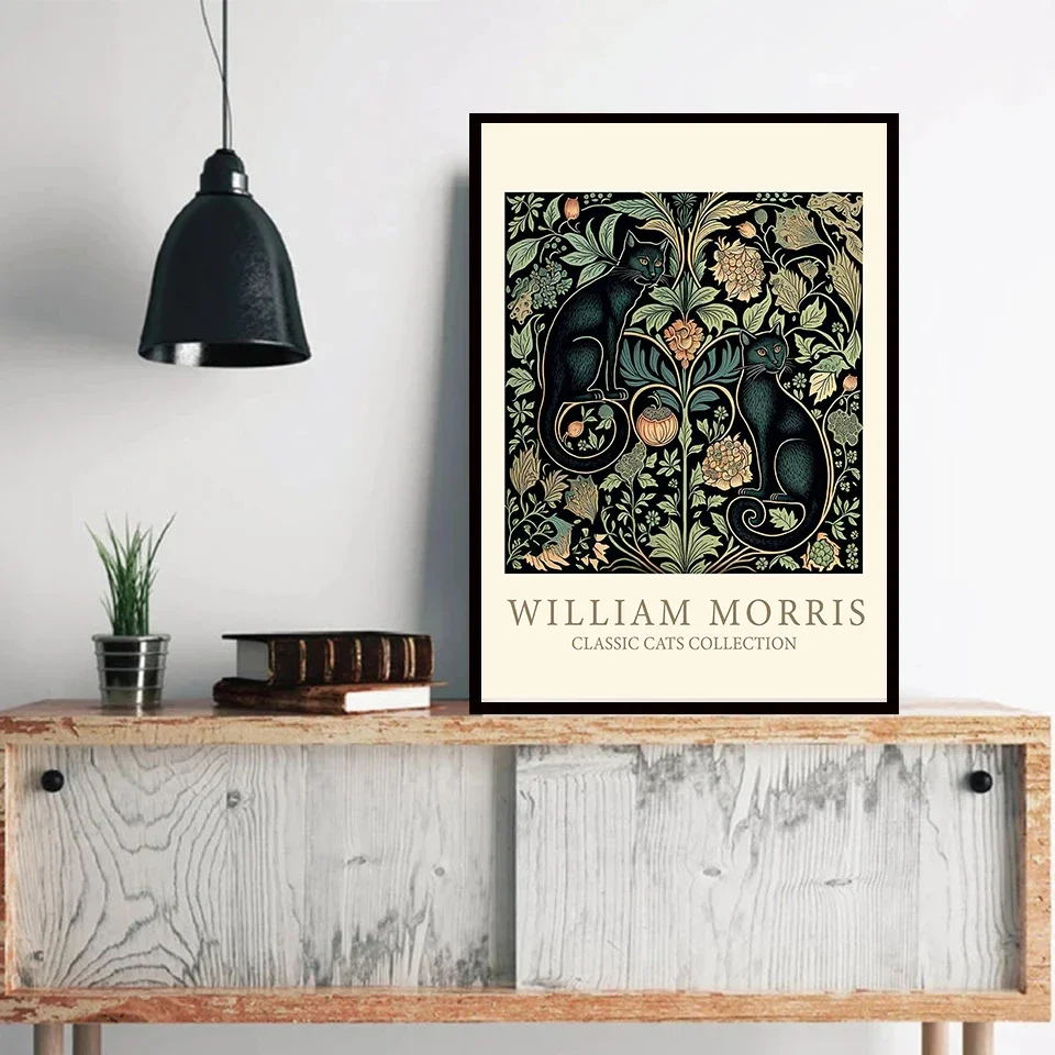 William Morris Cats Poster Black and Greene Printing Decorative Canvas Painting Living Room Bedroom Animals Wall Art Home Decor