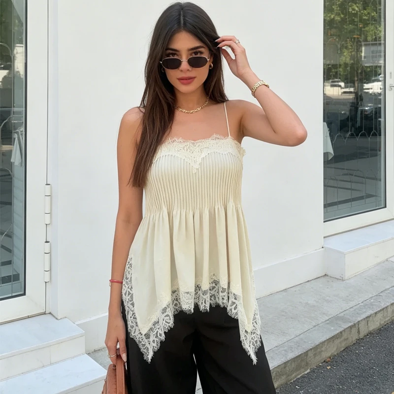 MUJER Plissiertes Spitzen-Camisole-Top für Damen Sommer 2026 – Sexy rückenfreies Top mit Trägern im Street-Style für den Abgang ins Ausgehen – Detail 2
