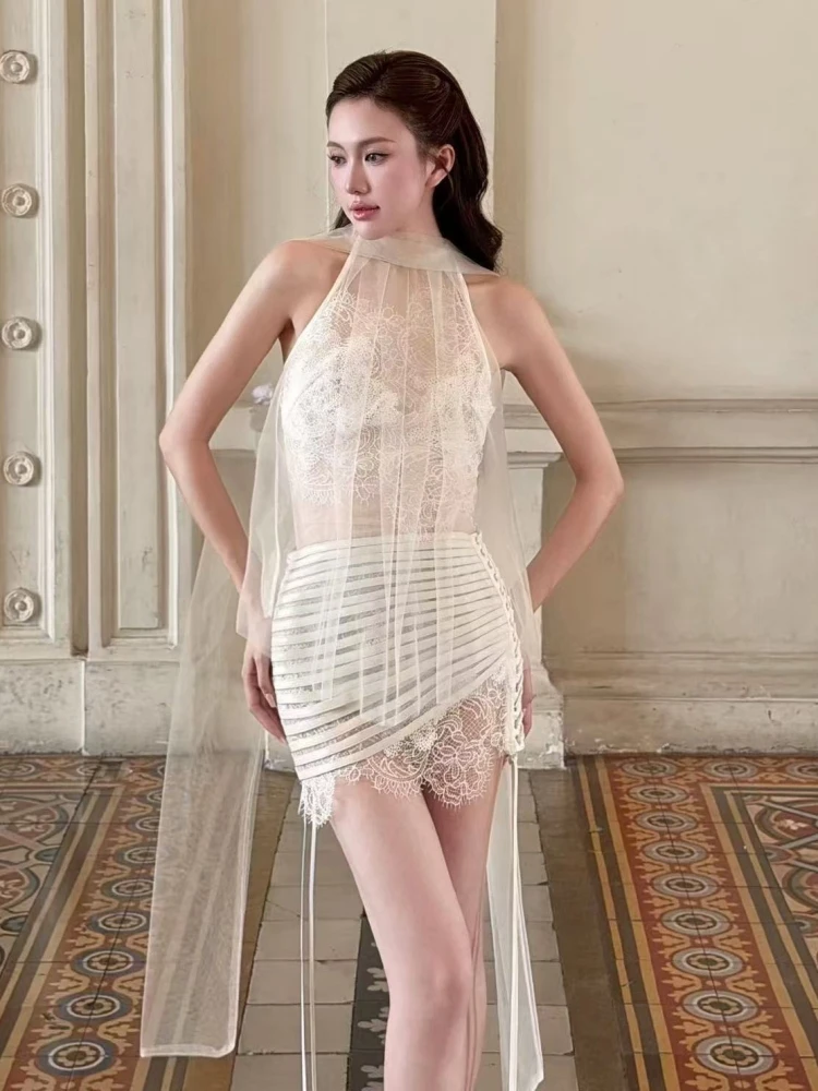 

Women Lace-up Skirt Two Piece Sets Sexy Halter Neck Mesh Lace Top + Patchworck Slim Mini Skirts Suits Evening Cocktail Set
