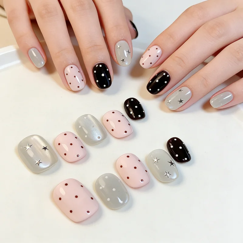 

10Pcs Handmade Nail Set Adorable Cat-Eye Retro Polka Dot Minimalist Style Press-On Nail Tips Perfect Gift for Women and Friends