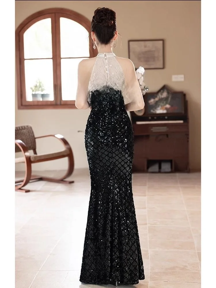 Abito da sera Ele Bla con gonna a coda fi con paillettes a vita media ort Sve Long Dr Faionable Zipper Sle Performance...