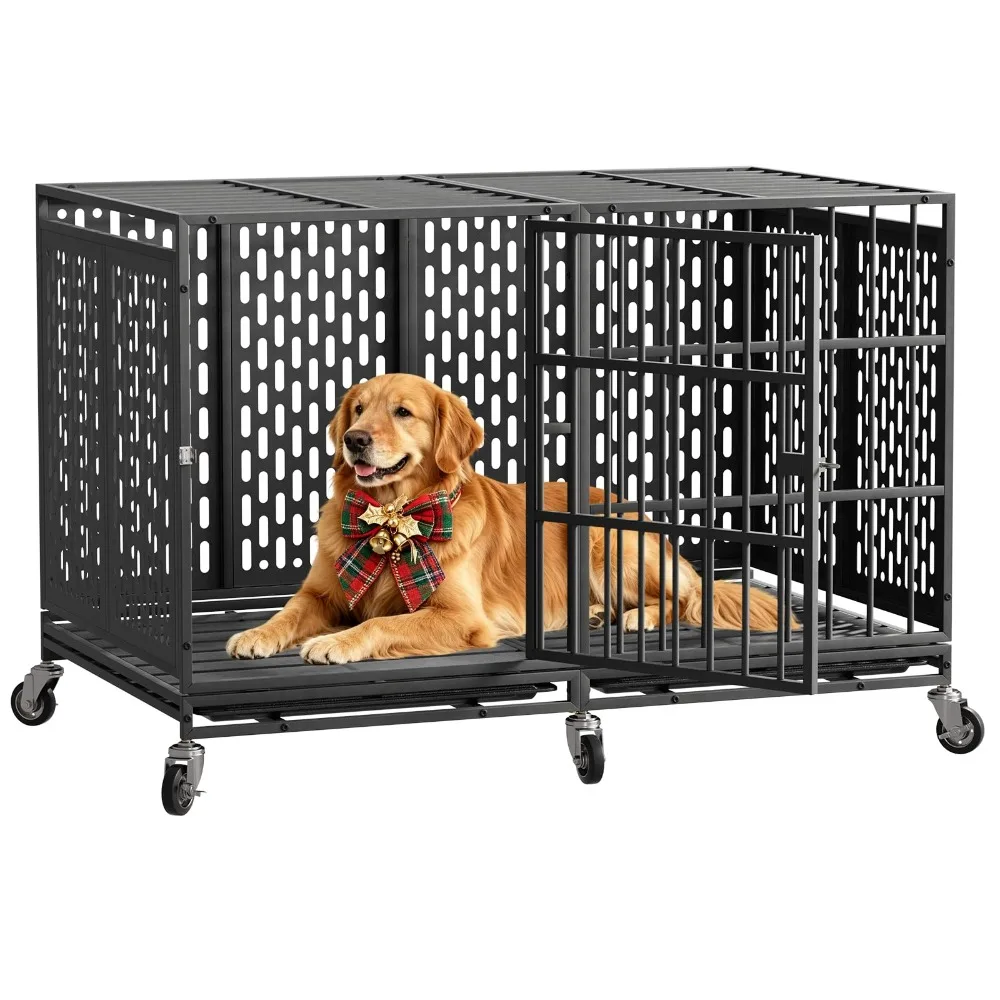 48 Inch Heavy Duty Dog Crate with Wheels, Metal Big Dog Cage for Large and Medium Dogs, Extra Large XL XXL