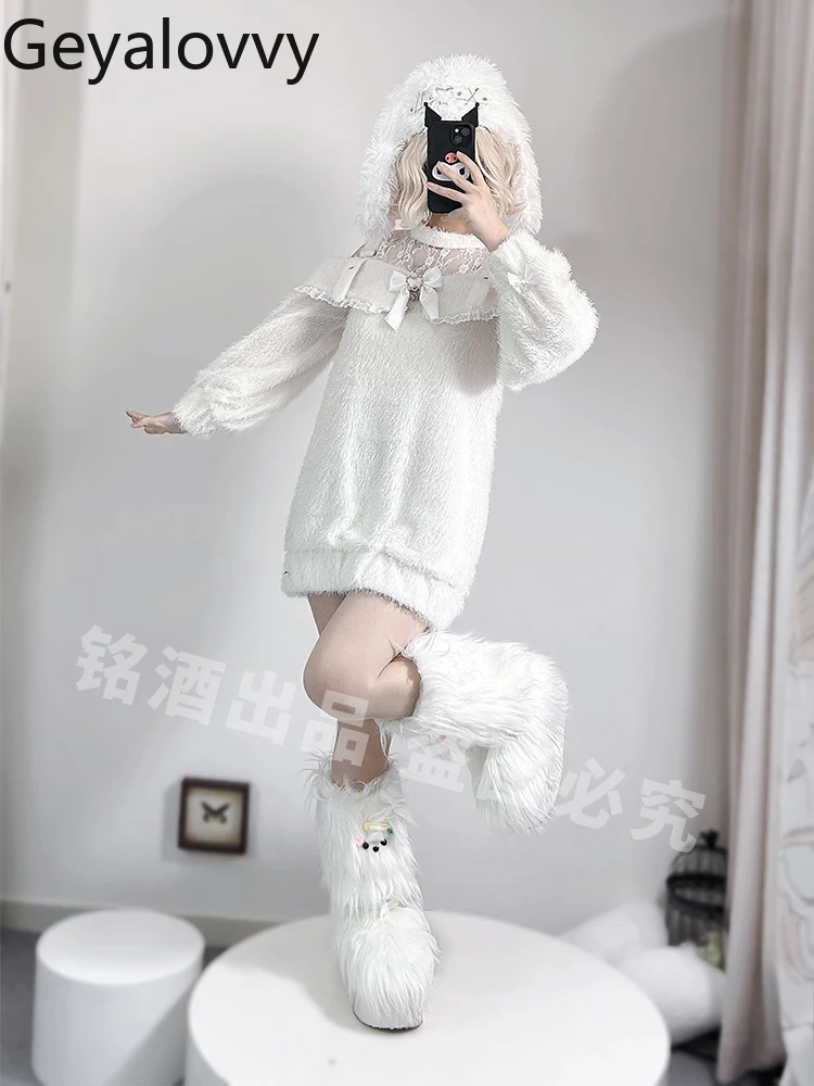 Japanese Y2K Subculture Mass-Produced Hollow Out Off-Shoulder Lace Trim Knitted Pullover Spring Autumn Long Solid Color Sweater
