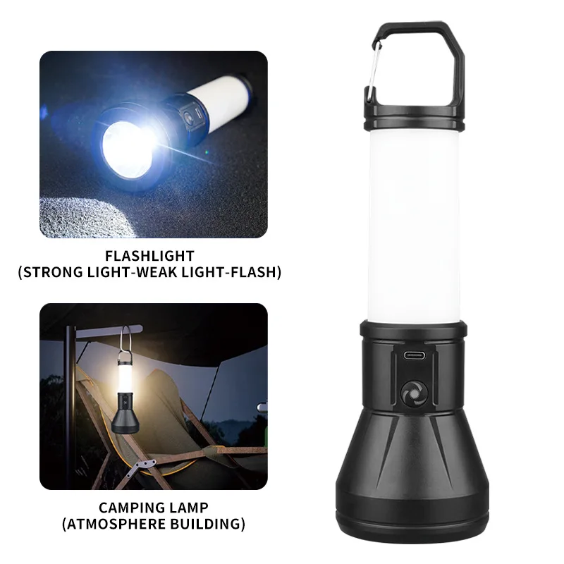 High Power ไฟฉาย LED กลางแจ้งแบบพกพา Strong Light Camping Light พร้อมตะขอชาร์จไฟฉายยุทธวิธีสําหรับตกปลาเดินป่า