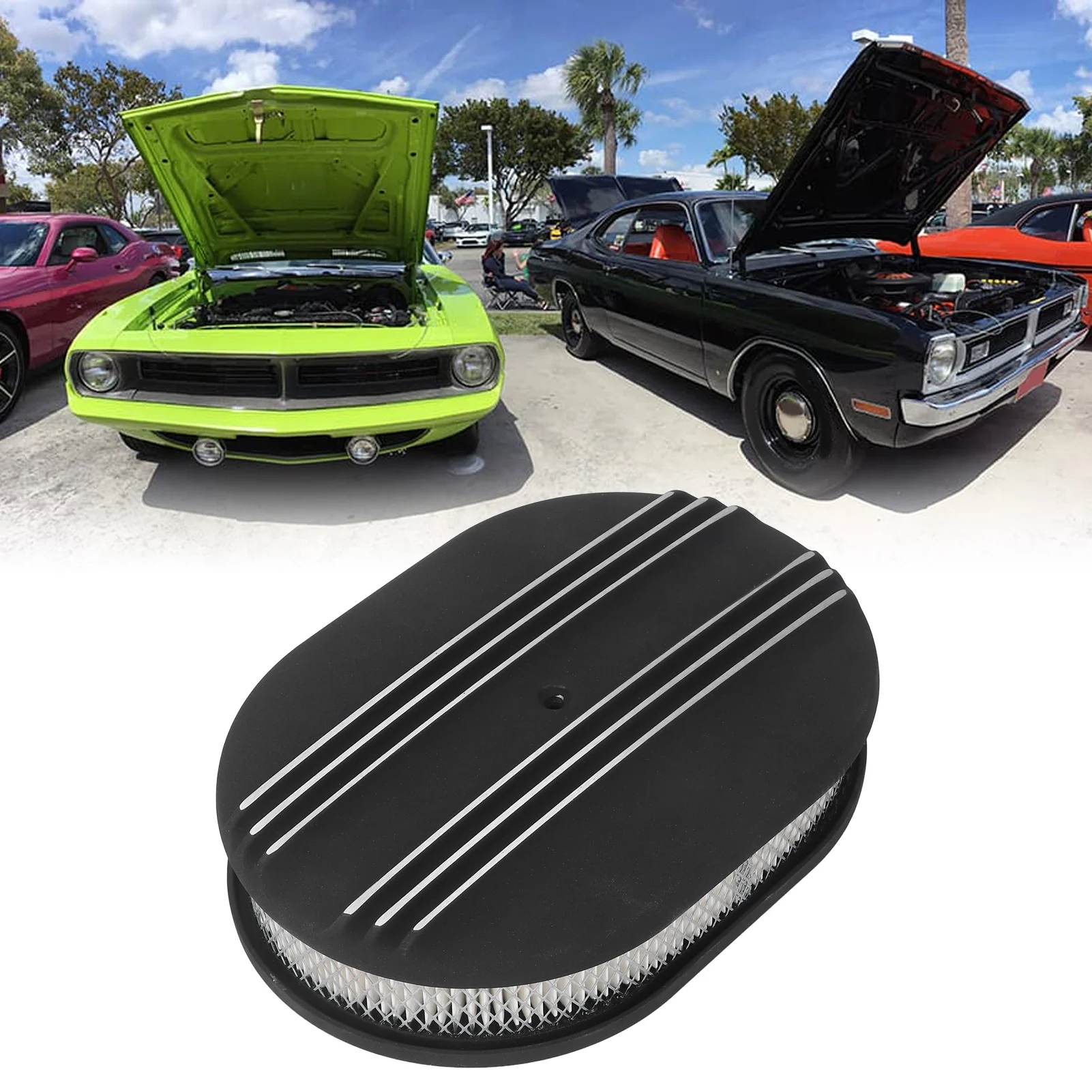 

12in Oval Air Cleaner Black Aluminium Alloy Powerful Filtration Air Filter Replacement For Oval Air Filter Oval Air Cleaner