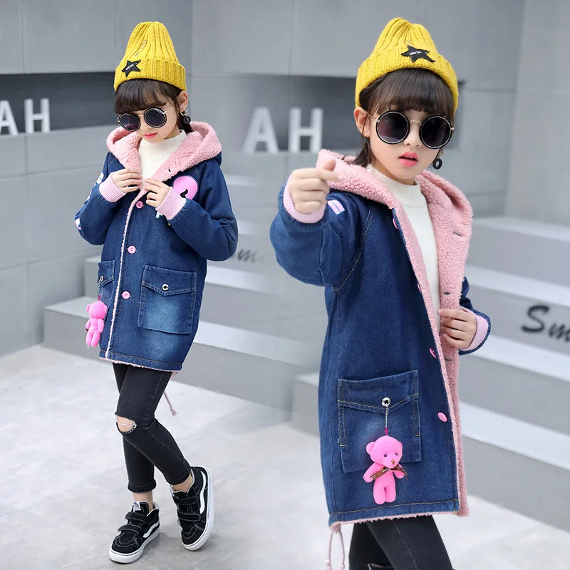 Girls Thick Denim Jacket for Winter New Children Long Clothes Girl Kids Thick Warm Outerwear Coats Denim Cotton Hooded Jacket