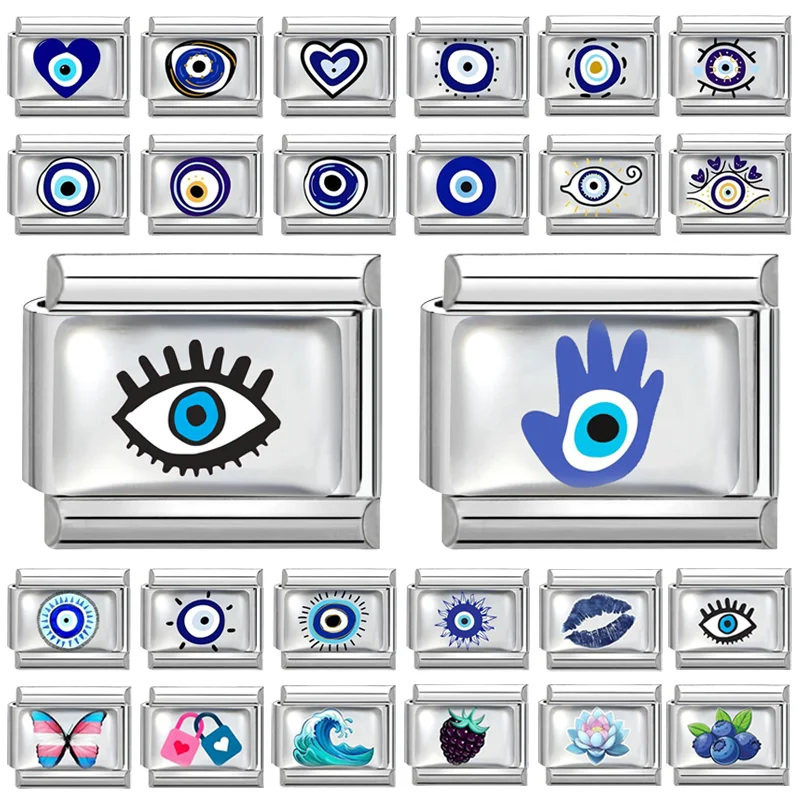 2026 Top Fashion Blue Devil Eyes Hand Heart Seawave Lips Charm Italian Links Fit 9mm Bracelet Making DIY Jewelry Gift Wholesale