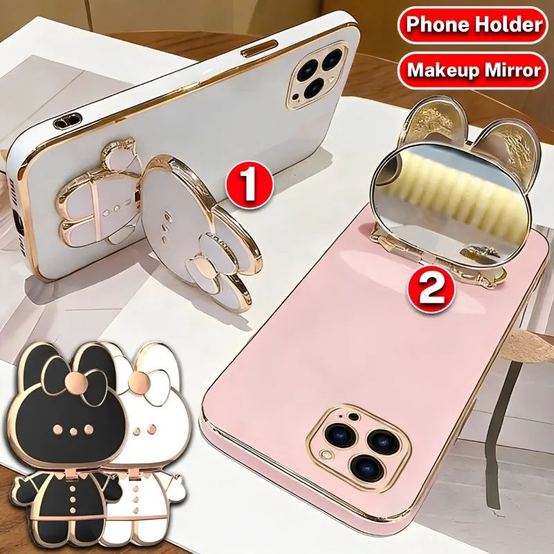 

Cartoon Rabbit Phone Holder with Makeup Mirror for iPhone 15 16 17 Samsung Xiaomi Smartphones Desktop Stand Cellphone Bracket