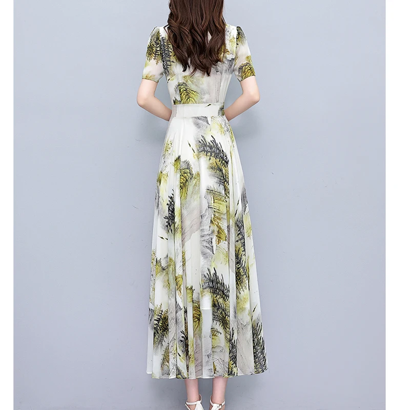 Women Chiffon Long T-shirt Dresses Summer Female V Neck Short Sleeve Large Size Elegant Slim A Line Floral Printed Pleated Robe