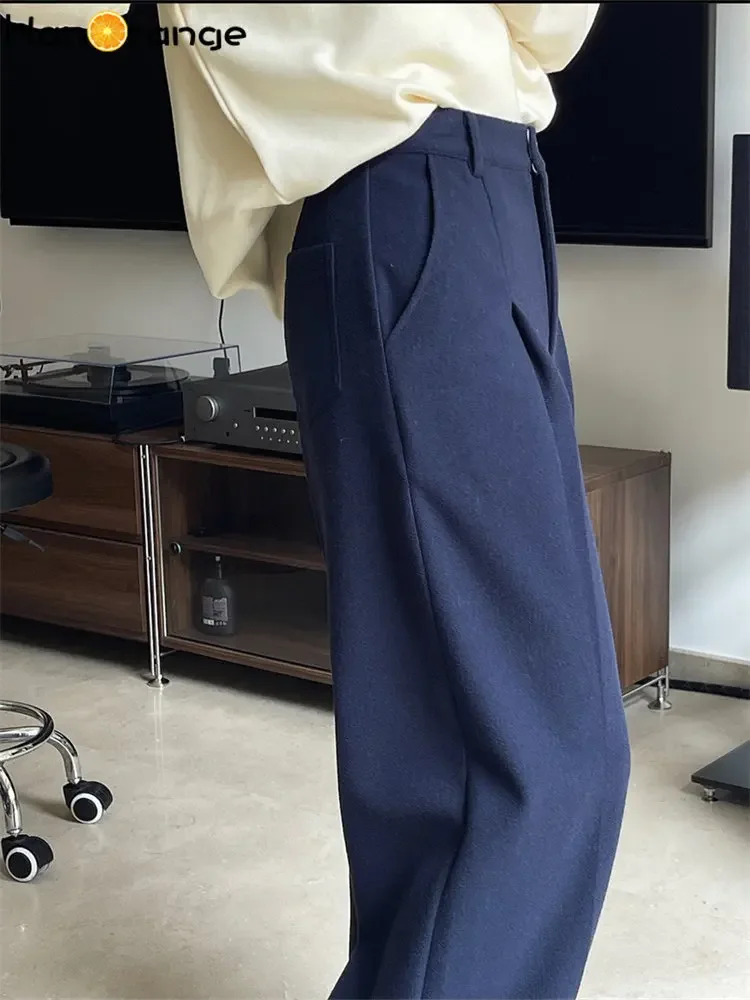 HanOrange 2024 Winter Languid Woolen Wide Leg Pants Casual High Waist Loose Comfortable Thick Trousers Female Grey/Navy