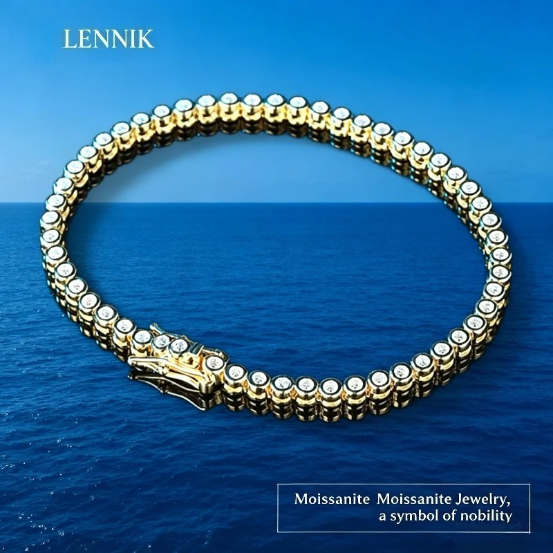 

LENNIK Sparkling 2/3mm Full Moissanite Tennis Bracelet for Women Party S925 Silver Plated 18K Pass Diamond Test Bezel Bracelets