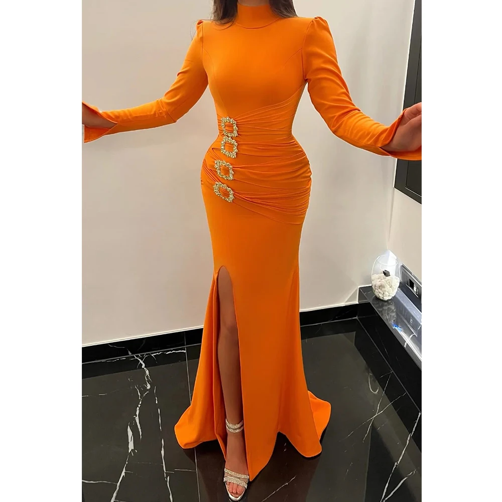 

Orange High Neck Evening Dress Sheath Side Slit with Pleat and Crystal Floor Length Ladies Long Sleeve Customized Party Gowns