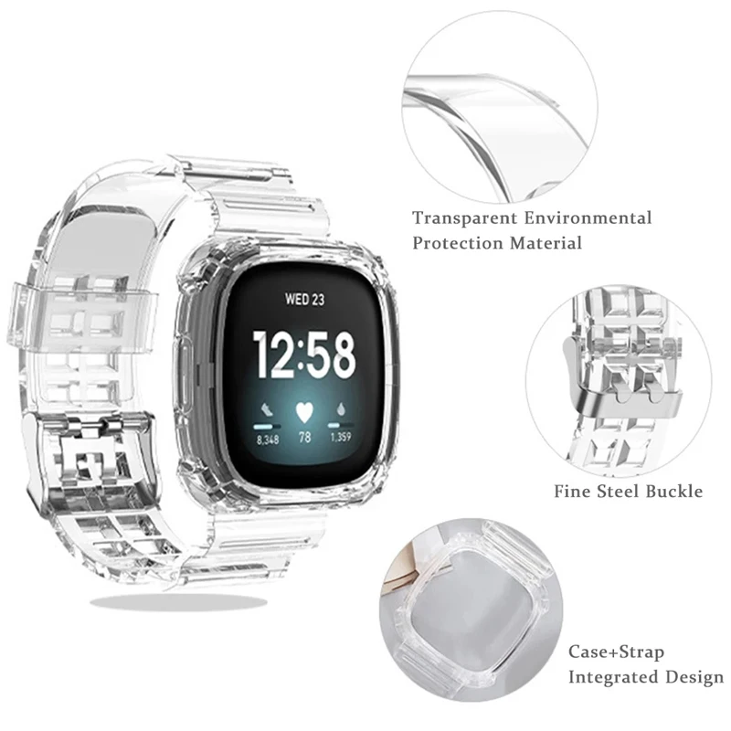 حافظة + حزام جليدي شفاف لـ Fitbit Versa 3 / 4 معصمه سيليكون سوار بديل شفاف لساعة Fitbit