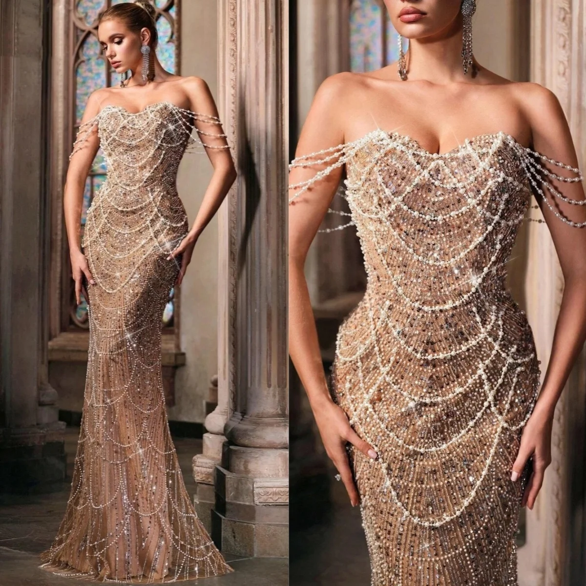 

Vintage Sweetheart Sleeveless Evening Dresses Sexy Pearls Lace Mermaid Sequined Prom Dress Customized Floor Length Party Gown