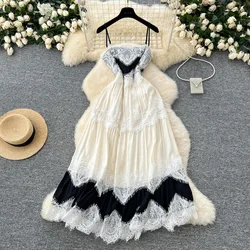 Sexy Straps Vintage Sleeveless Elegant Lace Hook Flower Chic Patchwork Slim Dresses French Evening High Street Autumn Clothing