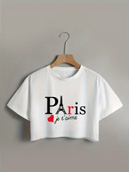 Alphabets Print Short Sleeve Crew Neck Crop Top Blend Slight Stretch Micro Elasticity Machine Washable - Perfect for Spring