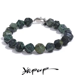 Yhpup 8# 10# Natural Malachite Cub Stone Beads Chain Handmade Bracelet Bangle Stainless Steel Men Women Unisex Health Jewelry