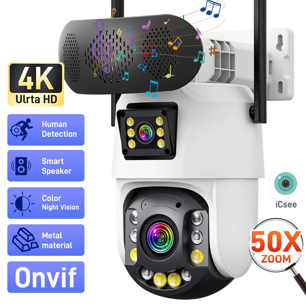 

iCsee APP 4K 8MP 50-кратный зум Двойной объектив Полноцветная купольная IP-камера WIFI/4G PTZ Обнаружение гуманоидов с искусственным интеллектом Монитор видеонаблюдения для домашней связи