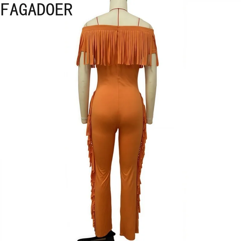 FAGADOER موضة شرابة المرقعة حللا امرأة برتقالية قصيرة الأكمام قبالة الكتف بسط السروال القصير الإناث كلوبوير وزرة جديد