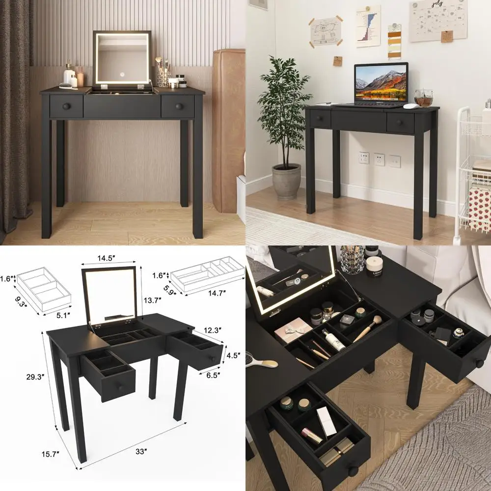 Escritorio de tocador de maquillaje iluminado ajustable con espejo abatible, iluminación de 3 modos, 2 cajones, 3 cajas de almacenamiento para dormitorio