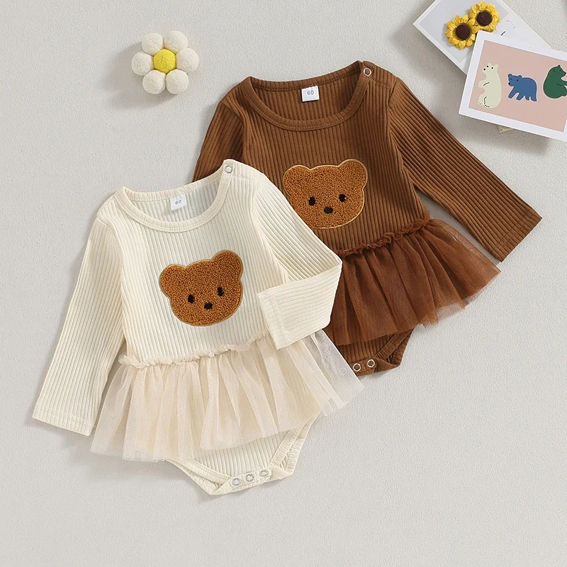 

Baby Girls Mesh Kids Romper Dress Bear Pattern Long Sleeve Jumpsuits for Newborn Infant Toddler Cute Children's Clothing