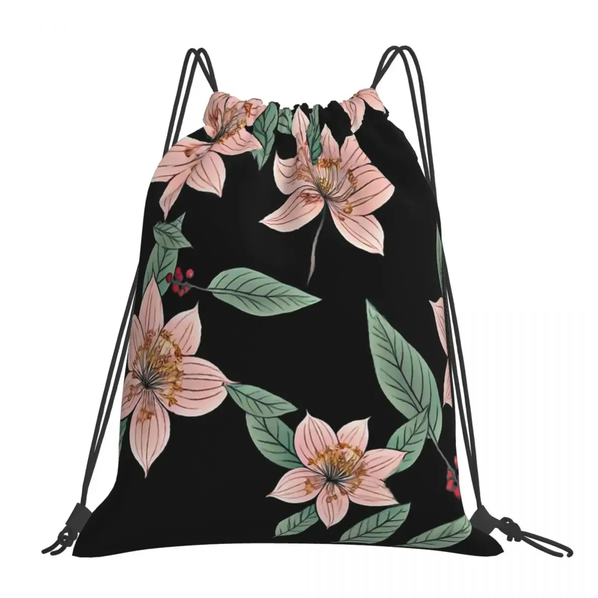 

Big Cherry Blossoms On Black Backpacks Drawstring Bags Drawstring Bundle Pocket Sundries Bag BookBag For Man Woman School