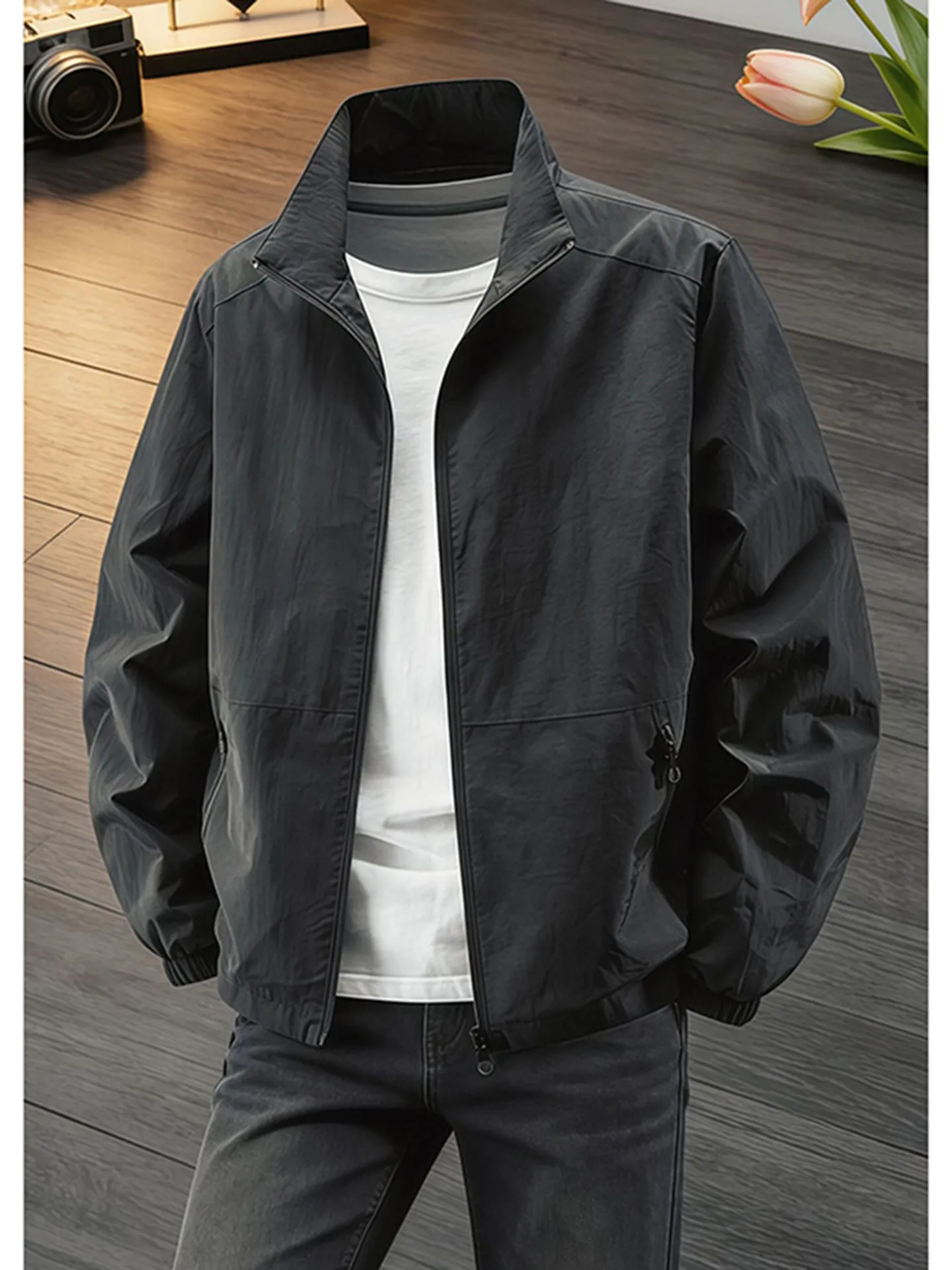Black Men's Three-Proof Administrative Jacket Shoulder Padded Outdoor Casual Coat Stand Collar Fall Season Fashion Outerwear