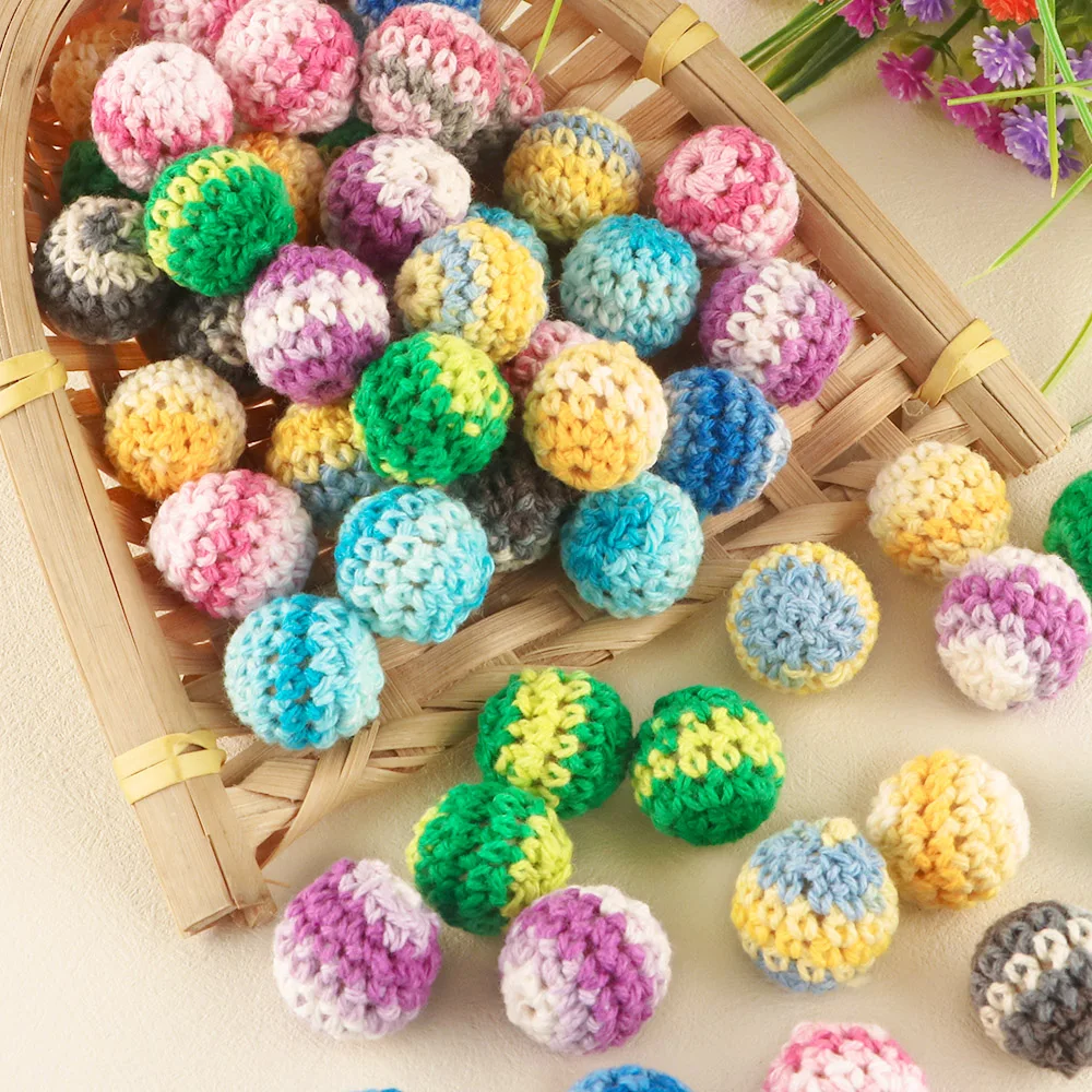 16MM Colorful Crochet Ball Knitting Crochet Round Wooden Bead Handmade Ball DIY Necklace Jewelry Organic Teething Bracelet Beads