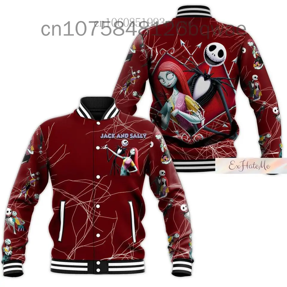 Chaqueta de béisbol de Jack And Sally para hombre y mujer, chaqueta informal de gran tamaño, pesadilla antes de Navidad, Disney, novedad