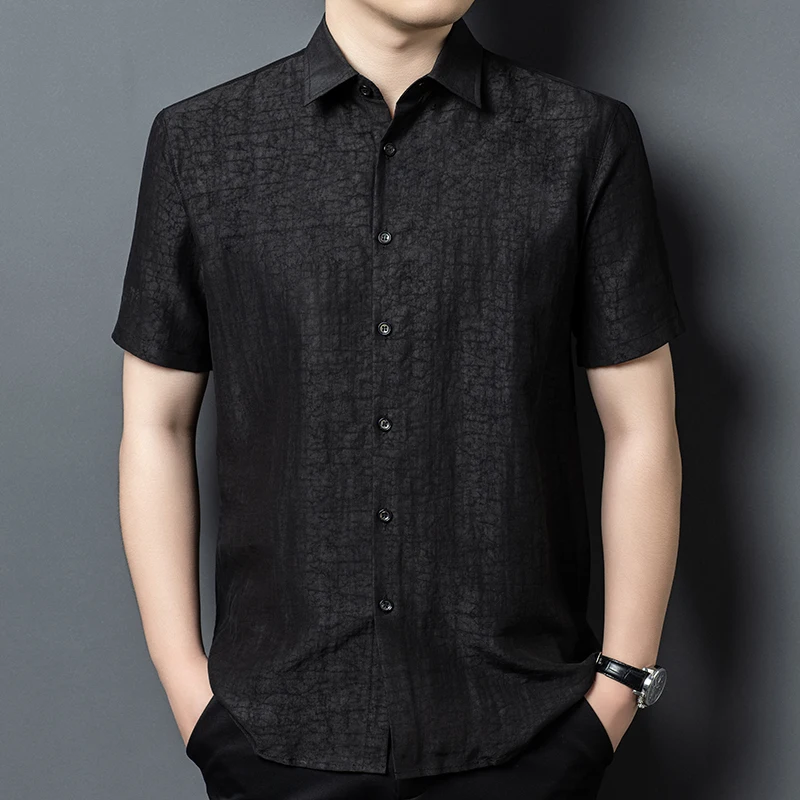 Mulberry Silk Short Sleeved Shirts For Men Crack Skin-Friendly Chinese Style Quality Comfortable Breathable Casual Chemise Homme