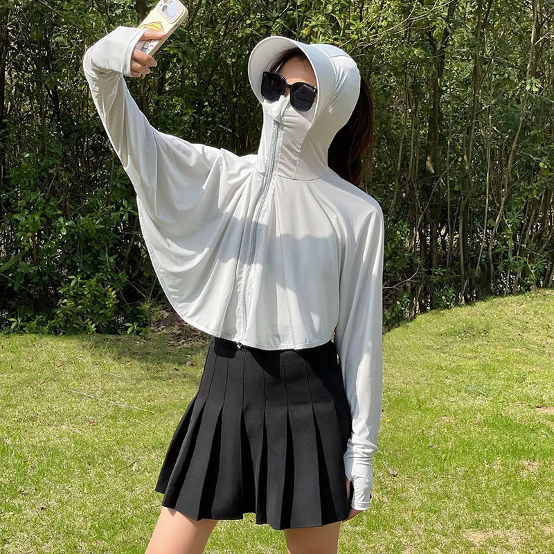 ملابس واقية من الشمس بغطاء للربط للنساء ، رقيقة سريعة الجفاف ، عباءة حرير ثلجي ، قبعة قميص واقي من الشمس ، معطف خارجي والأشعة تحت البنفسجية ، الصيف