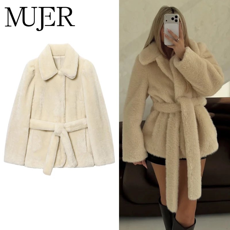 MUJER-abrigo de peluche de piel sintética para mujer, chaqueta de felpa esponjosa con cinturón, abrigo peludo cálido para invierno, prendas de vestir exteriores de manga larga para mujer, abrigos para mujer