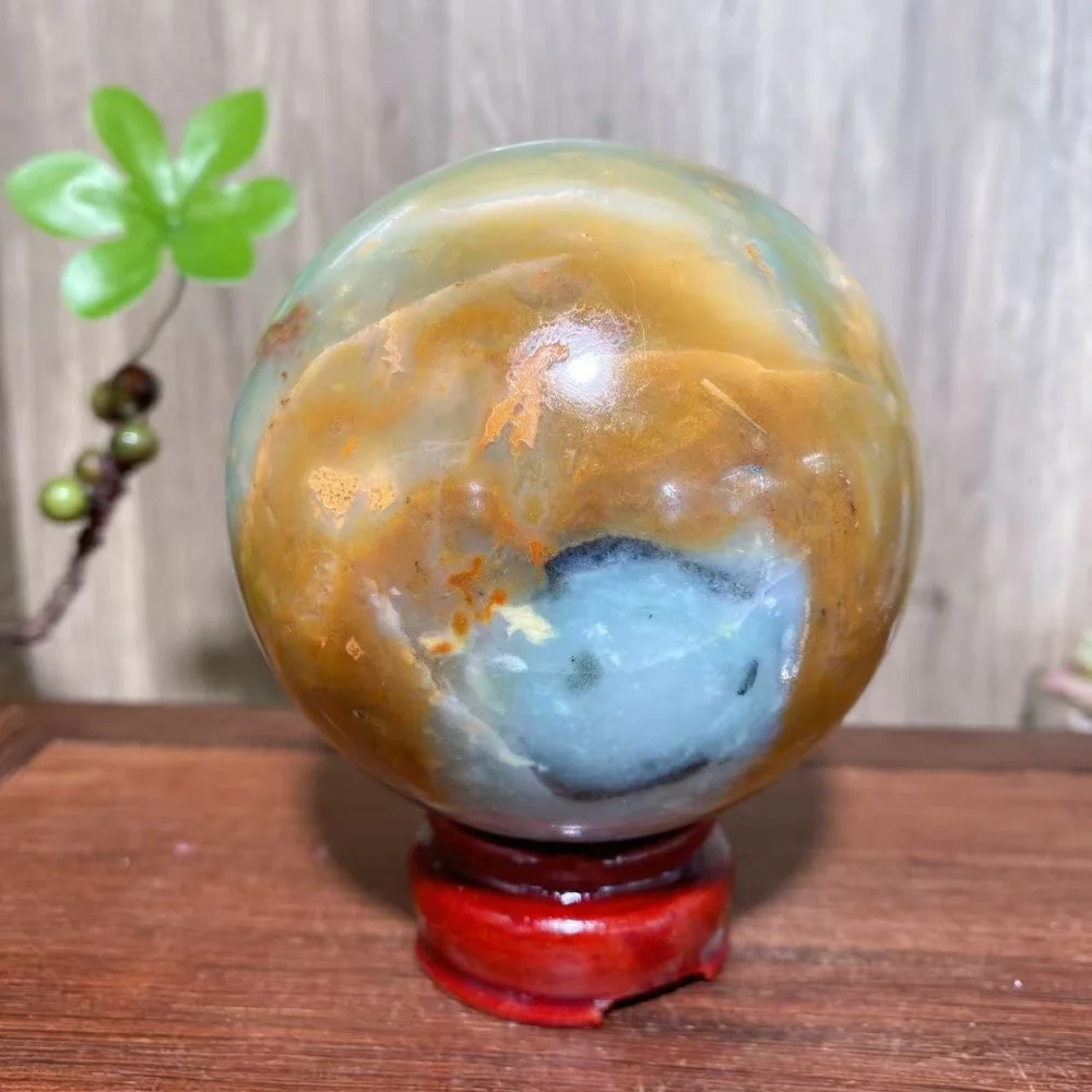 Natural Blue Yellow Carribean Calcite Sphere Raw Stone Healing Crystal Reiki Energy Home Decor Ornaments Gifts+Stand