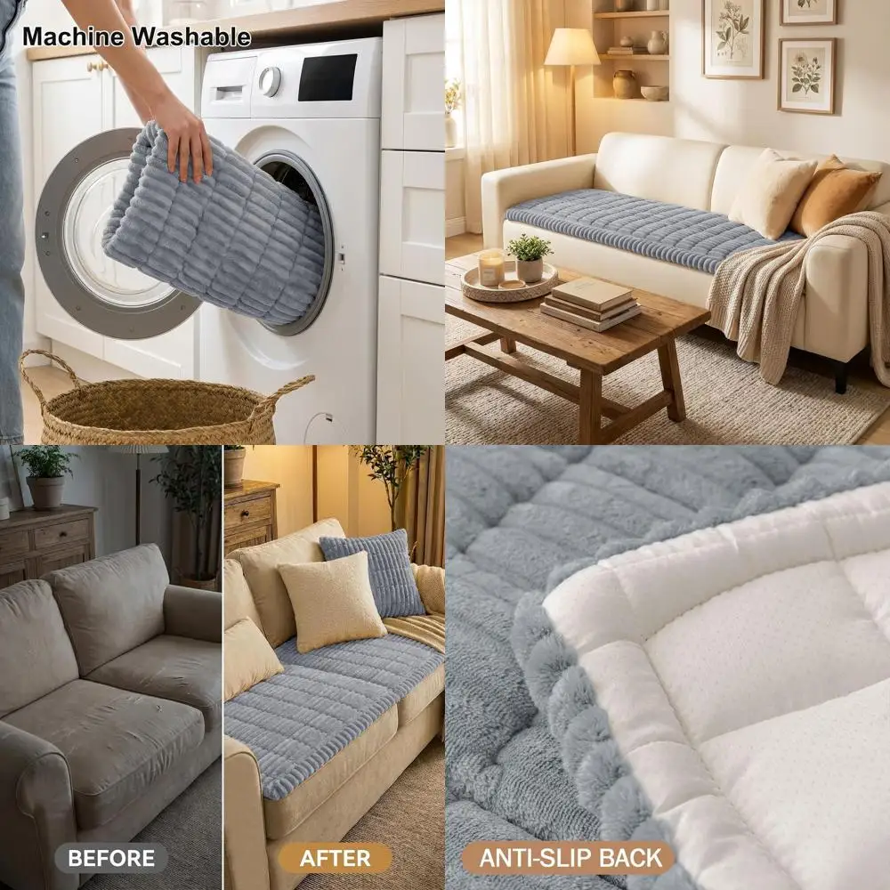 

Моющийся чехол для дивана для собак, нескользящая нечеткая защита для дивана на 3 подушки, приятный для домашних животных (серый, 27,6 x 82,7)