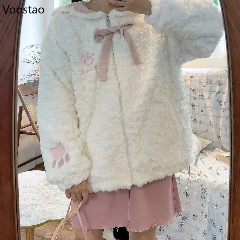 

Осенне-зимнее пальто из искусственного меха в стиле кавайной Лолиты, милое женское пальто с заячьими ушками и матросским воротником, плюшевая теплая куртка для девочек, милое пальто с бантом