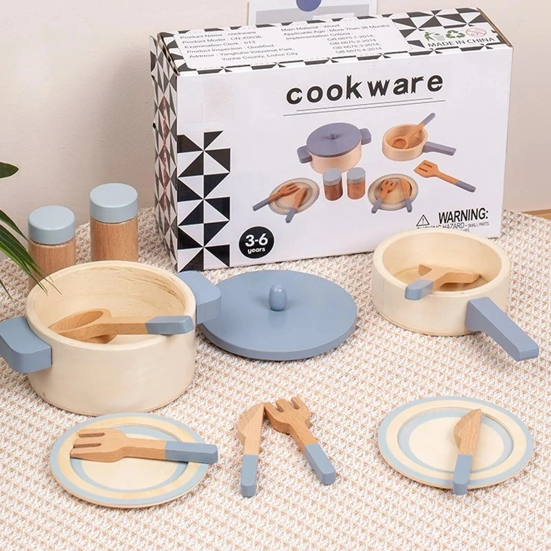 Ensemble de jeu de cuisine en bois pour enfants, jeu de rôle éducatif, jouets de Chef, Mini ustensiles de cuisine, casseroles, casseroles, ustensiles de cuisine de Simulation pour enfants